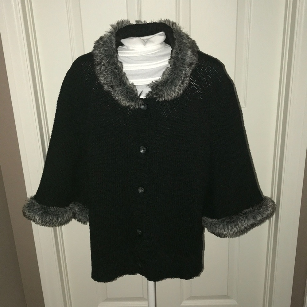 Black button down sweater with faux fur
